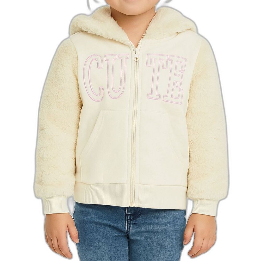 Nannette Kids Girls Fuzzy Hooded Zip-Up Jacket in Cream | Size 3